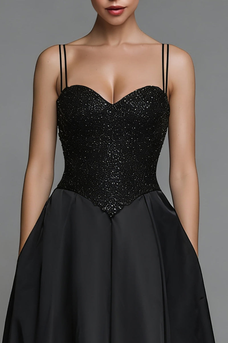 Load image into Gallery viewer, Sparkly Black Spaghetti Straps Long Satin Formal Dress with Sequins