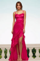 Load image into Gallery viewer, Fuchsia Spaghetti Straps Long Satin Formal Dress with Ruffles