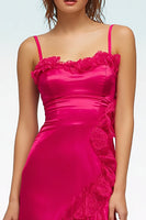 Load image into Gallery viewer, Fuchsia Spaghetti Straps Long Satin Formal Dress with Ruffles