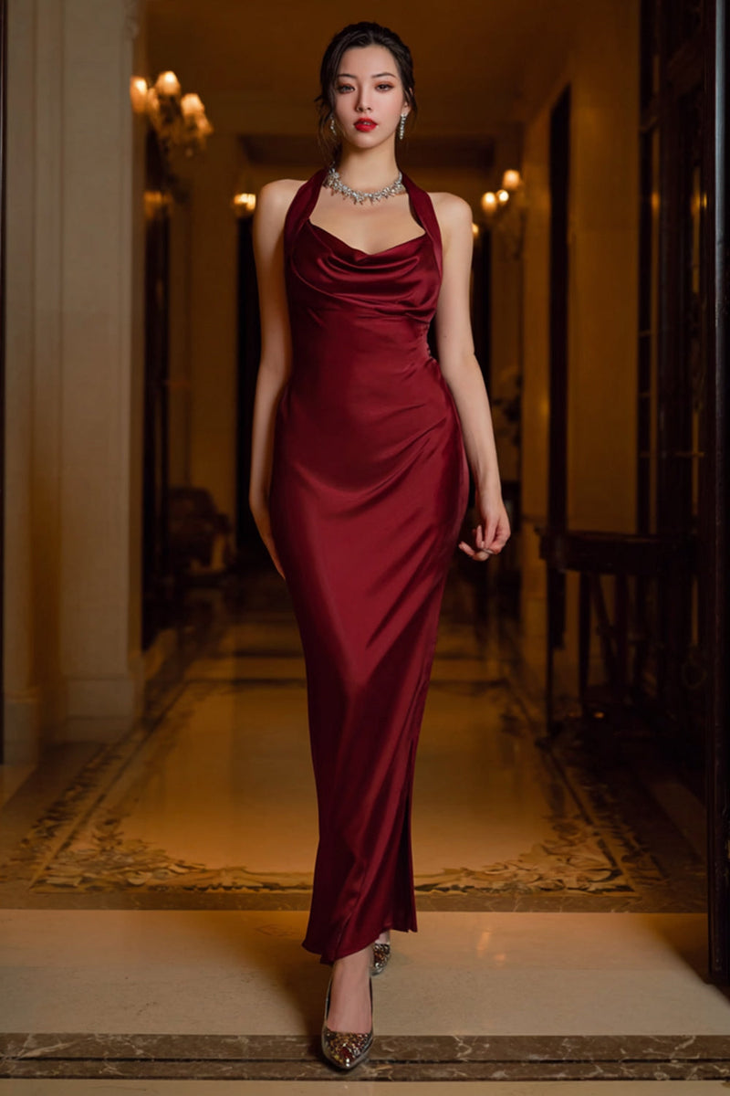 Load image into Gallery viewer, Dark Green Sheath Halter Neck Long Satin Formal Dress