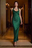 Load image into Gallery viewer, Dark Green Sheath Halter Neck Long Satin Formal Dress