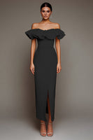 Load image into Gallery viewer, Black Satin Off the Shoulder Long Sheath Formal Dress with Slit