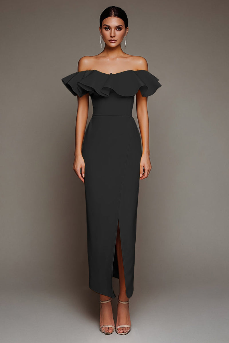 Load image into Gallery viewer, Black Satin Off the Shoulder Long Sheath Formal Dress with Slit