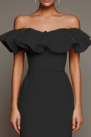 Load image into Gallery viewer, Black Satin Off the Shoulder Long Sheath Formal Dress with Slit