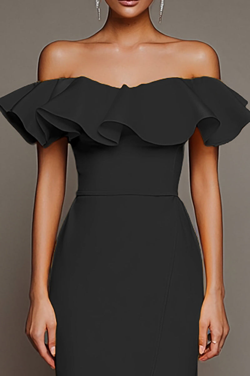 Load image into Gallery viewer, Black Satin Off the Shoulder Long Sheath Formal Dress with Slit