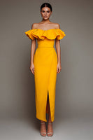 Load image into Gallery viewer, Black Satin Off the Shoulder Long Sheath Formal Dress with Slit