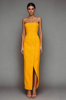 Load image into Gallery viewer, Yellow Sheath Strapless Long Satin Formal Dress with Slit