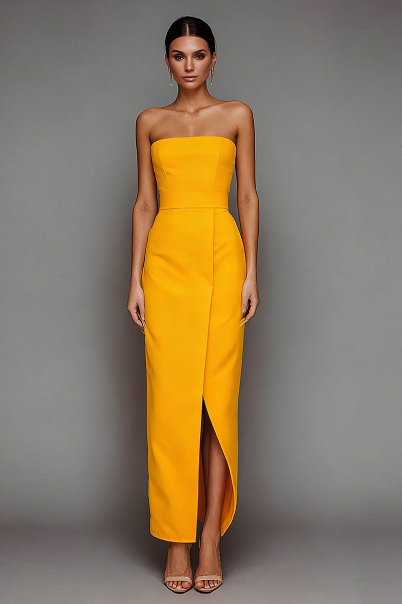 Load image into Gallery viewer, Yellow Sheath Strapless Long Satin Formal Dress with Slit