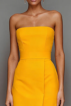 Yellow Sheath Strapless Long Satin Formal Dress with Slit