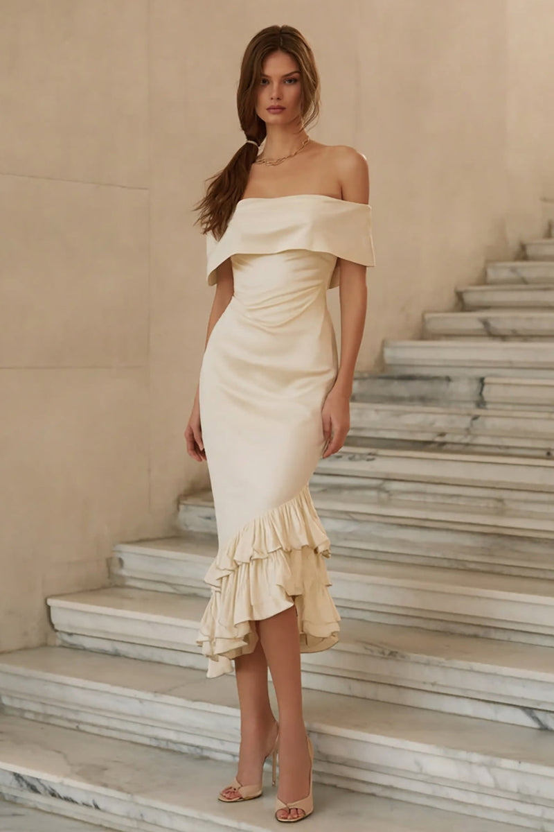 Load image into Gallery viewer, Ivory Satin Ruffled Mermaid Midi Engagement Dress