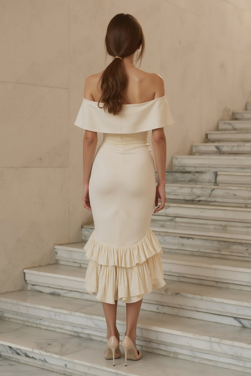 Load image into Gallery viewer, Ivory Satin Ruffled Mermaid Midi Engagement Dress