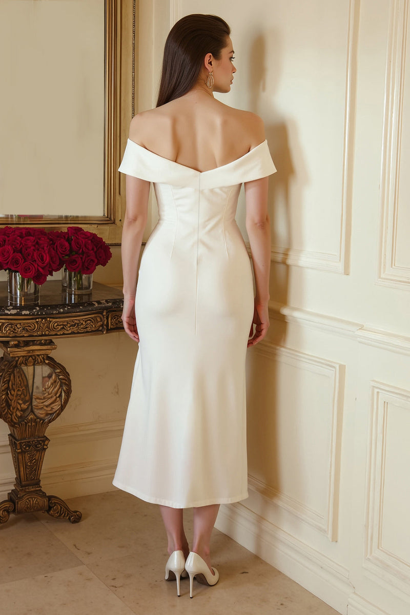 Load image into Gallery viewer, Ivory Off the Shoulder Bodycon Midi Satin Engagement Dress with Slit