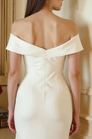 Load image into Gallery viewer, Ivory Off the Shoulder Bodycon Midi Satin Engagement Dress with Slit