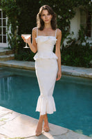 Load image into Gallery viewer, White Spaghetti Straps Mermaid Midi Satin Engagement Dress with Ruffles