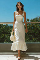 Load image into Gallery viewer, Ivory Square Neck Long Satin Wedding Reception Dress with Ruffles