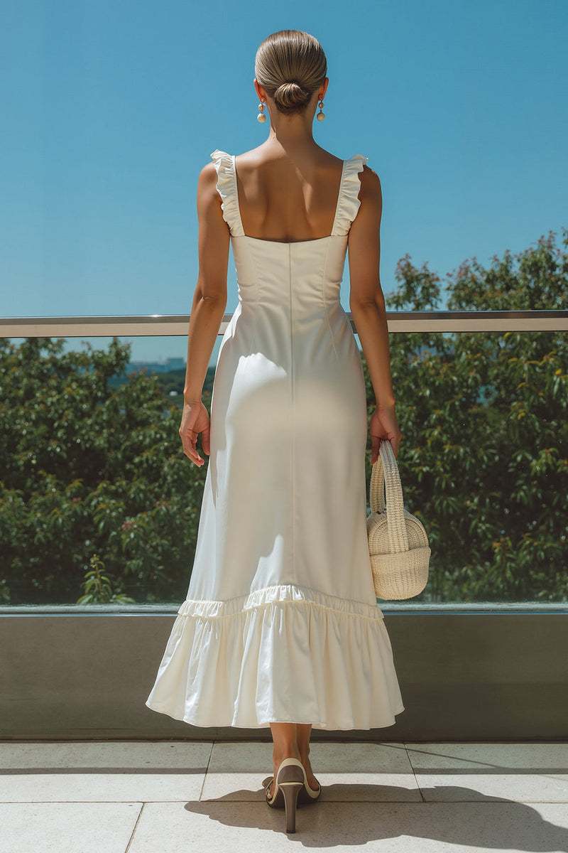 Load image into Gallery viewer, Ivory Square Neck Long Satin Wedding Reception Dress with Ruffles