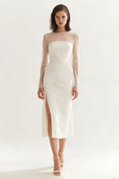 Load image into Gallery viewer, Ivory Bateau Neck Midi Satin Engagement Dress with Slit
