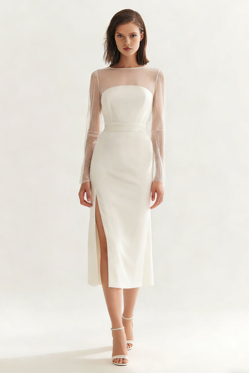 Load image into Gallery viewer, Ivory Bateau Neck Midi Satin Engagement Dress with Slit