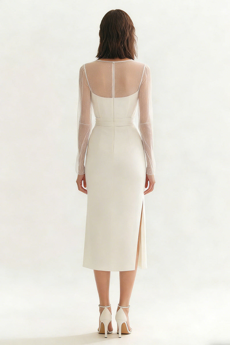 Load image into Gallery viewer, Ivory Bateau Neck Midi Satin Engagement Dress with Slit