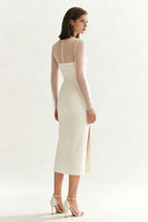 Load image into Gallery viewer, Ivory Bateau Neck Midi Satin Engagement Dress with Slit