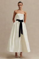 Load image into Gallery viewer, Ivory Satin Strapless A Line Long Engagement Dress with Bow