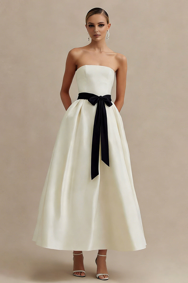 Load image into Gallery viewer, Ivory Satin Strapless A Line Long Engagement Dress with Bow