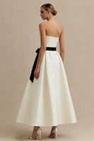 Load image into Gallery viewer, Ivory Satin Strapless A Line Long Engagement Dress with Bow