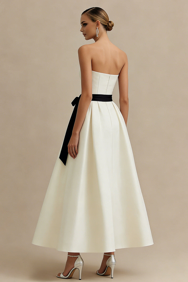 Load image into Gallery viewer, Ivory Satin Strapless A Line Long Engagement Dress with Bow