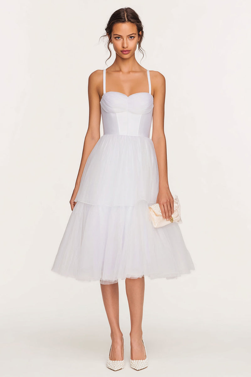 Load image into Gallery viewer, White Tulle Tiered Spaghetti Straps Corset Midi Bridal Shower Dress