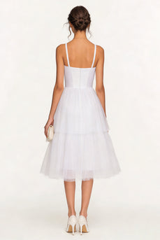 White Tulle Tiered Spaghetti Straps Corset Midi Bridal Shower Dress