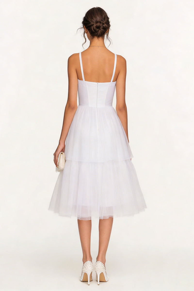 Load image into Gallery viewer, White Tulle Tiered Spaghetti Straps Corset Midi Bridal Shower Dress