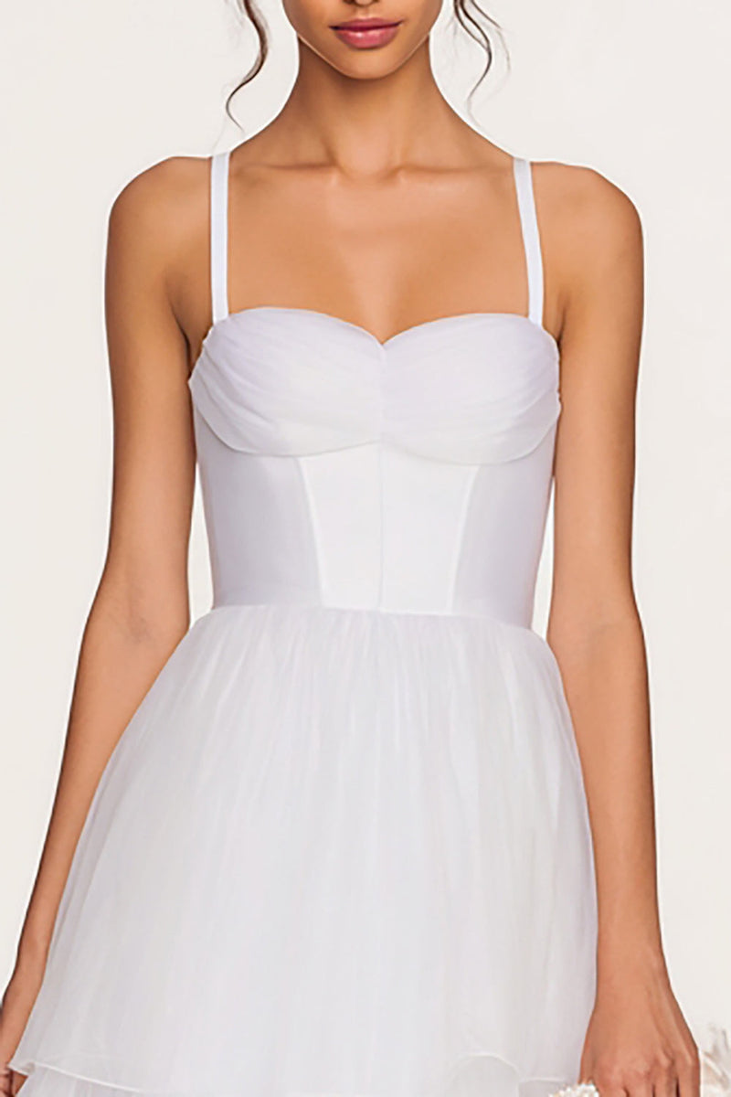 Load image into Gallery viewer, White Tulle Tiered Spaghetti Straps Corset Midi Bridal Shower Dress