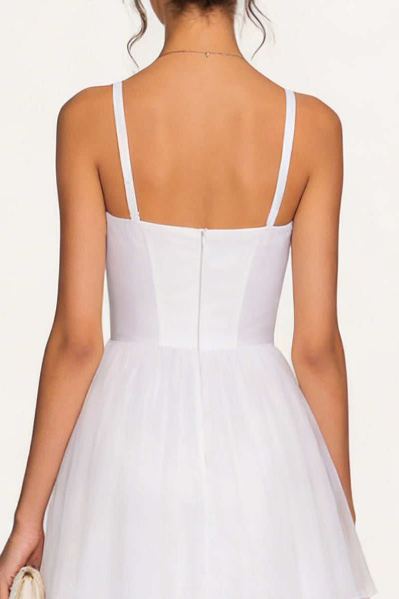 Load image into Gallery viewer, White Tulle Tiered Spaghetti Straps Corset Midi Bridal Shower Dress