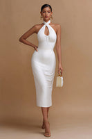 Load image into Gallery viewer, White Cross Neck Bodycon V Neck Midi Engagement Dress with Keyhole