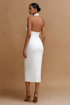 White Cross Neck Bodycon V Neck Midi Engagement Dress with Keyhole