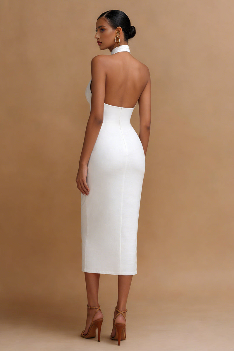 Load image into Gallery viewer, White Cross Neck Bodycon V Neck Midi Engagement Dress with Keyhole