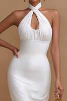Load image into Gallery viewer, White Cross Neck Bodycon V Neck Midi Engagement Dress with Keyhole