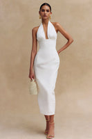 Load image into Gallery viewer, White Satin Bodycon Halter Neck Midi Engagement Dress