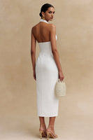 Load image into Gallery viewer, White Satin Bodycon Halter Neck Midi Engagement Dress