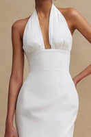 Load image into Gallery viewer, White Satin Bodycon Halter Neck Midi Engagement Dress