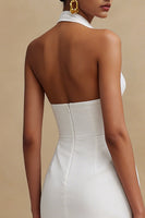 Load image into Gallery viewer, White Satin Bodycon Halter Neck Midi Engagement Dress