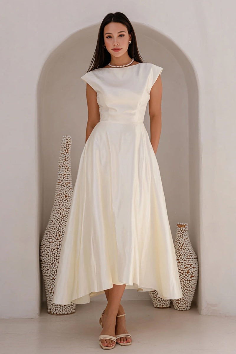 Load image into Gallery viewer, Ivory Satin A Line Bateau Neck Long Engagement Dress