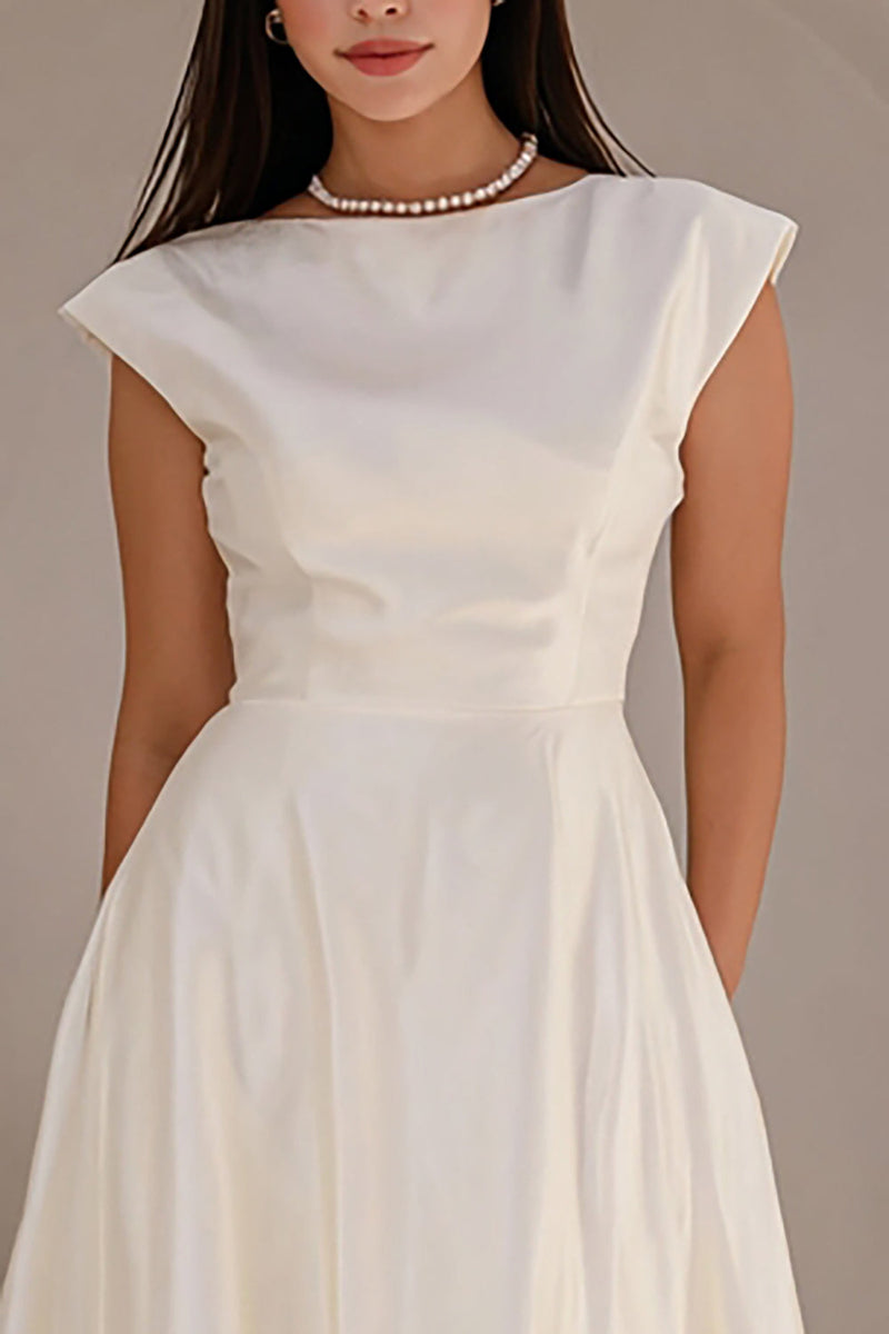 Load image into Gallery viewer, Ivory Satin A Line Bateau Neck Long Engagement Dress