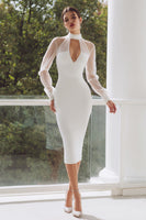 Load image into Gallery viewer, White Satin High Neck Midi Engagement Dress with Keyhole