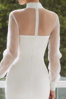 Load image into Gallery viewer, White Satin High Neck Midi Engagement Dress with Keyhole