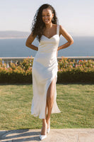 Load image into Gallery viewer, White Thick Straps Long Sheath Engagement Dress with Slit