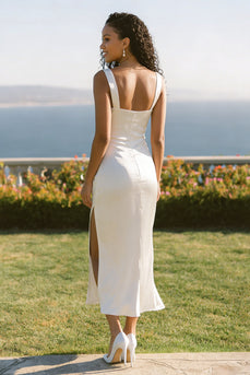 White Thick Straps Long Sheath Engagement Dress with Slit