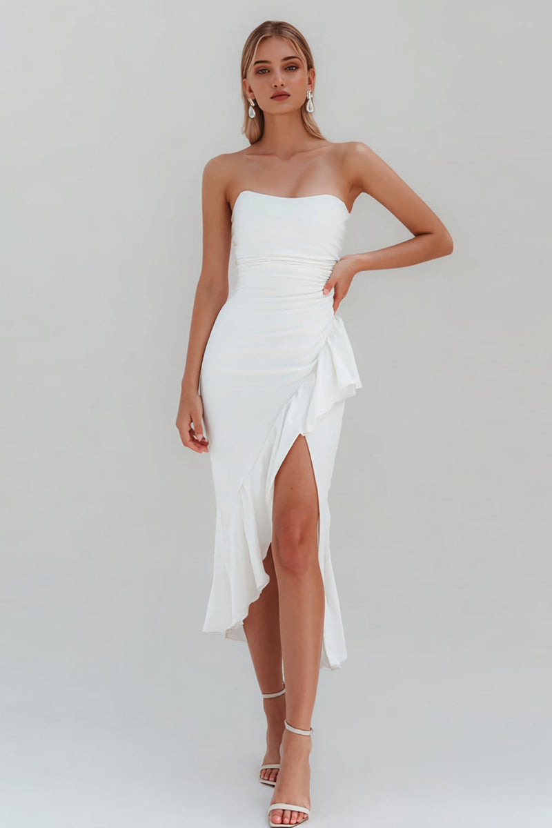 Load image into Gallery viewer, White Satin Ruched Ruffled Midi Engagement Dress with Slit