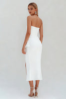 Load image into Gallery viewer, White Satin Ruched Ruffled Midi Engagement Dress with Slit