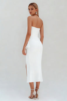 White Satin Ruched Ruffled Midi Engagement Dress with Slit